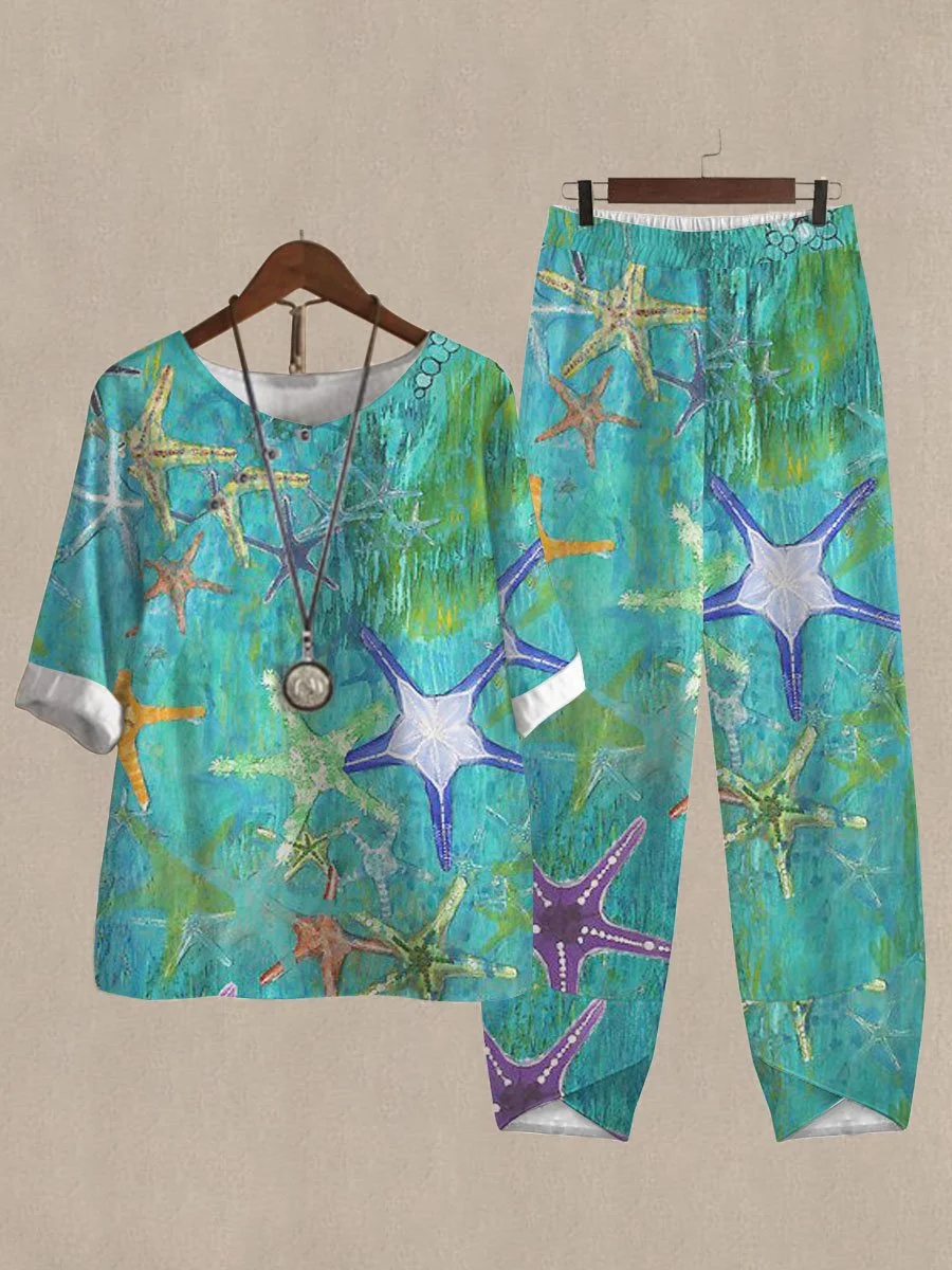 Summer Ocean Print Top And Pants Two-piece Suits