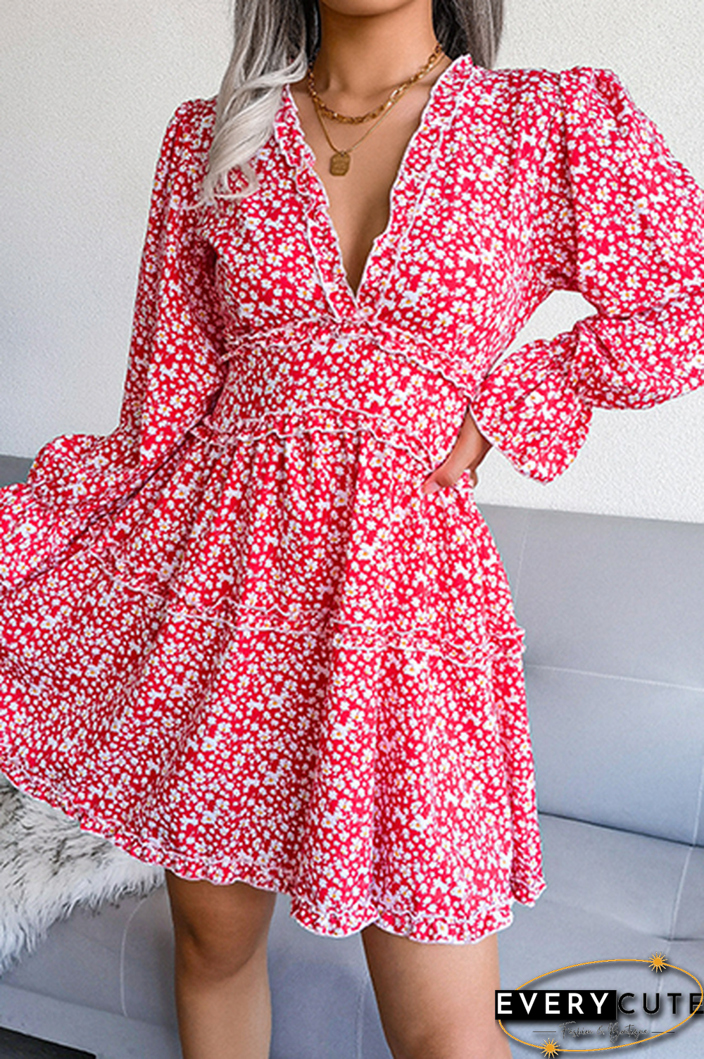 Casual Elegant Floral Split Joint Stringy Selvedge V Neck Waist Skirt Dresses