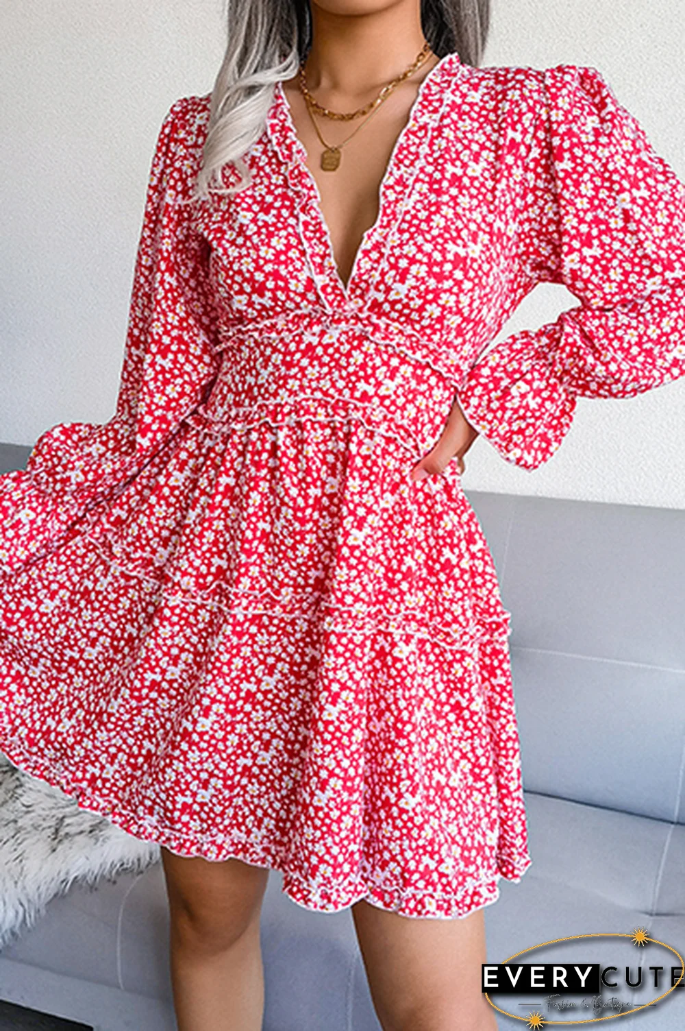 Casual Elegant Floral Split Joint Stringy Selvedge V Neck Waist Skirt Dresses