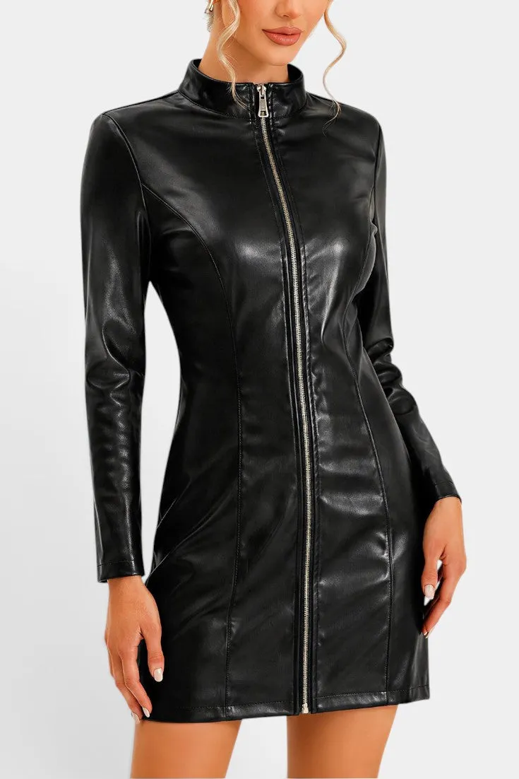 High-Neck Zip-Front Leather-Effect Mini Dress