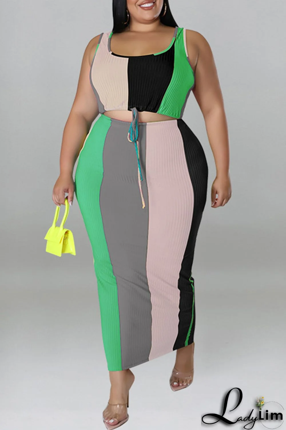 Blue Fashion Casual Striped Print Patchwork Contrast U Neck Plus Size Two Piece Set