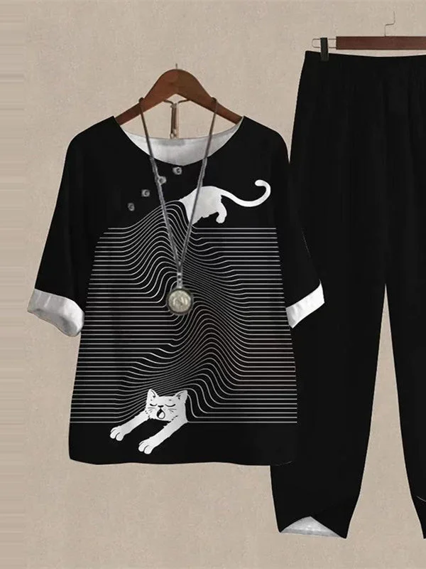 Women's Button Stitching Graphic Printed Scoop Neck Short Sleeve Sets