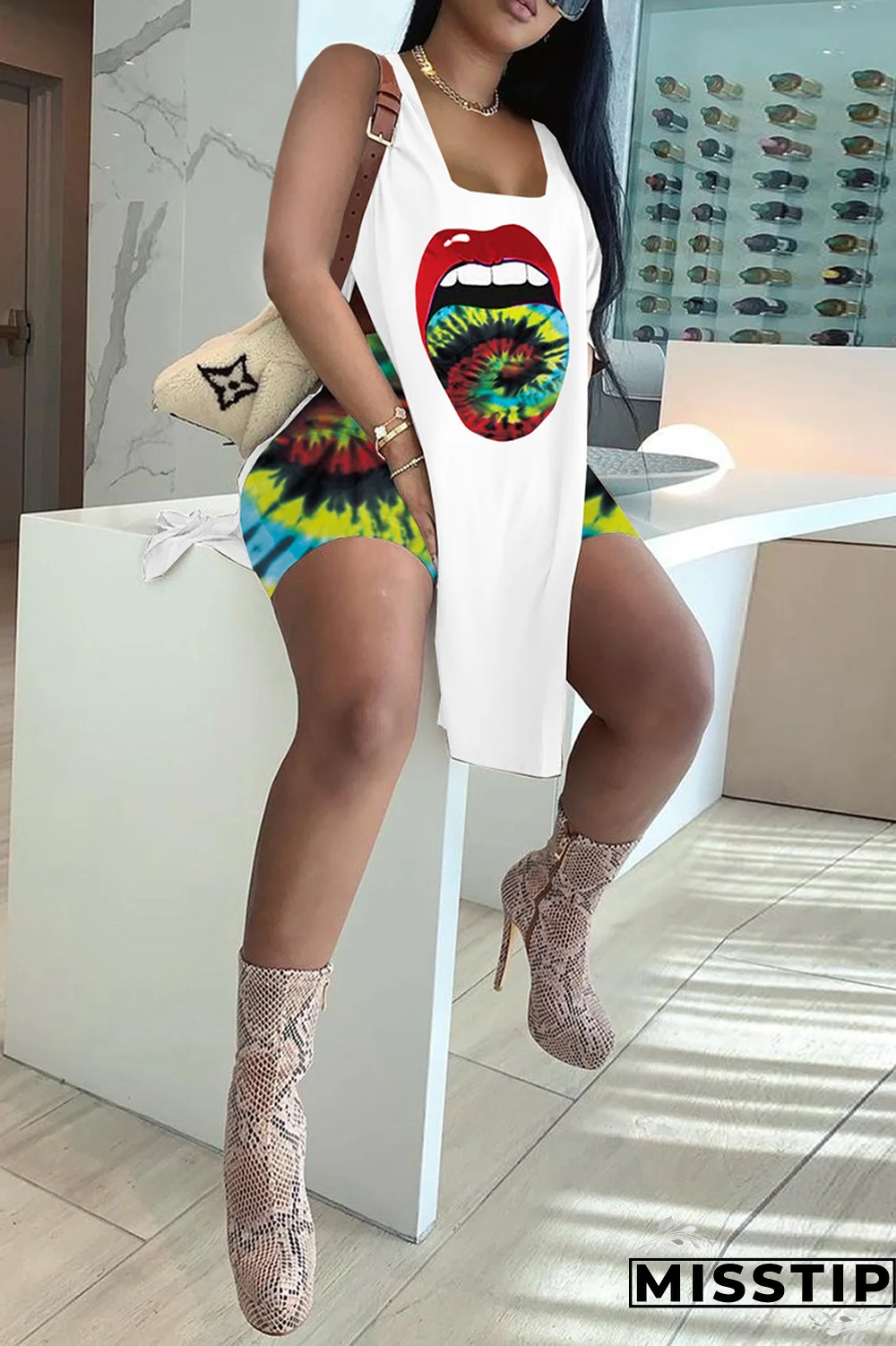 Green Sexy Print High Opening U Neck Sleeveless Two Pieces