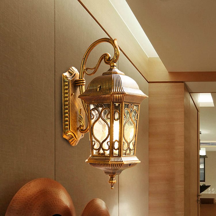Aluminum Lantern Wall Sconce Light Farmhouse 1-Head Outdoor Wall Mounted Lighting in Black/Brass