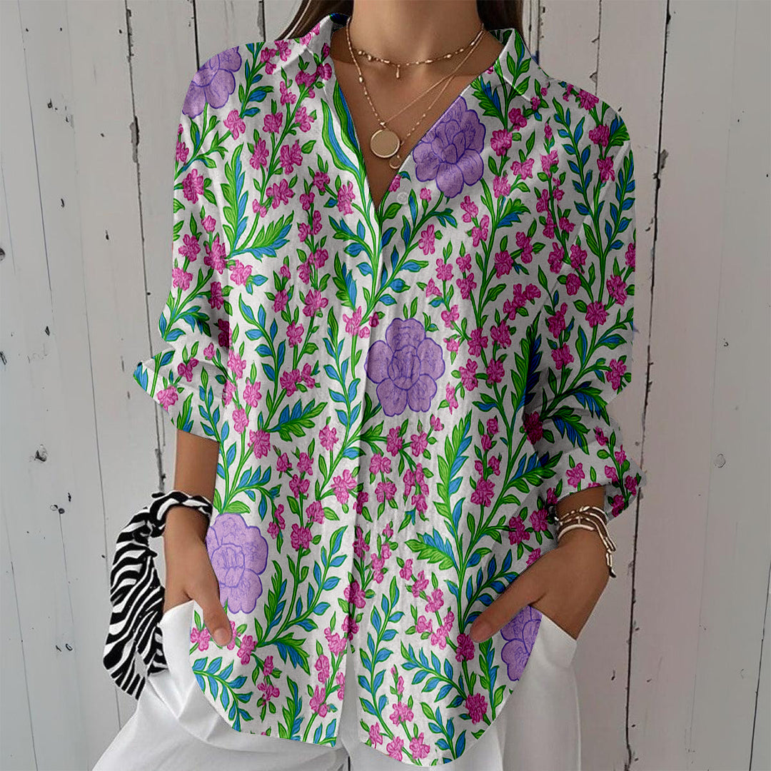 Women Long Sleeve V-neck Graphic Floral Printed Top