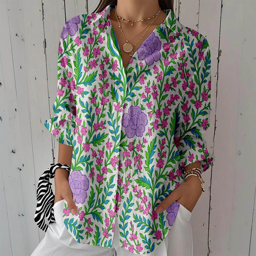Style & Comfort for Mature Women Women Floral, Green, Orange DZCL0195 3/4 Sleeve Shirt Collar Printed Button Tops