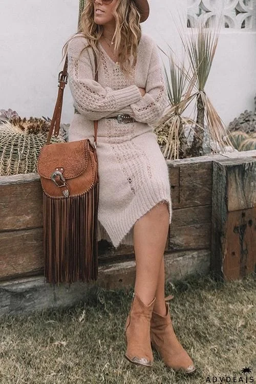 Hollow V Neck Long Sleeve Sweater Dress