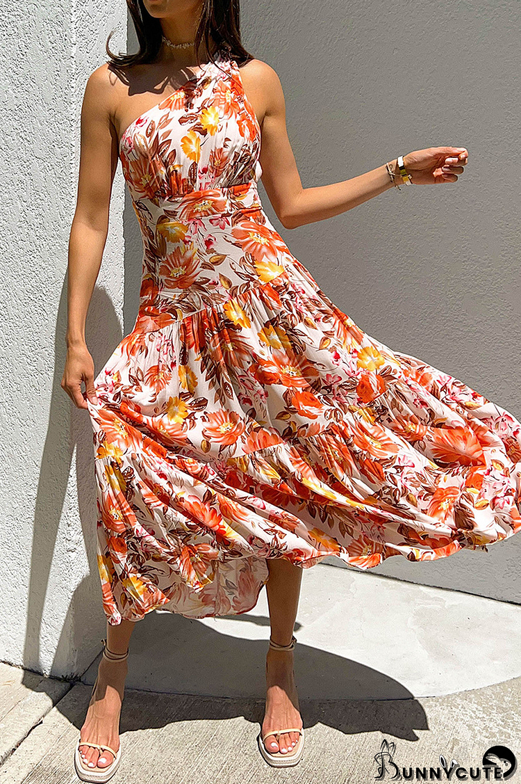 Casual Print Split Joint One Shoulder Cake Skirt Dresses