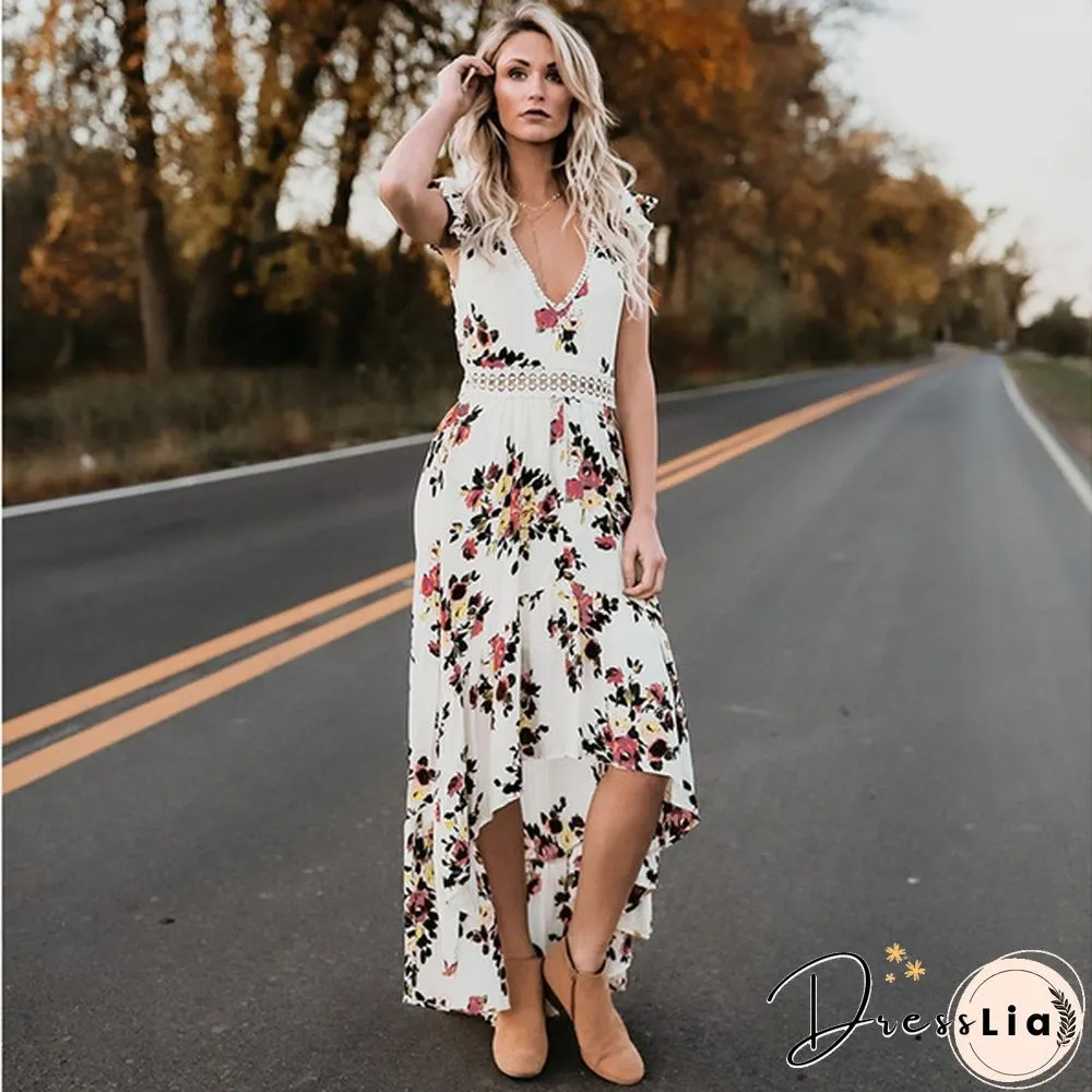 Summer Women Lace Hollow Backless Irregular Floral Long Beach Dress