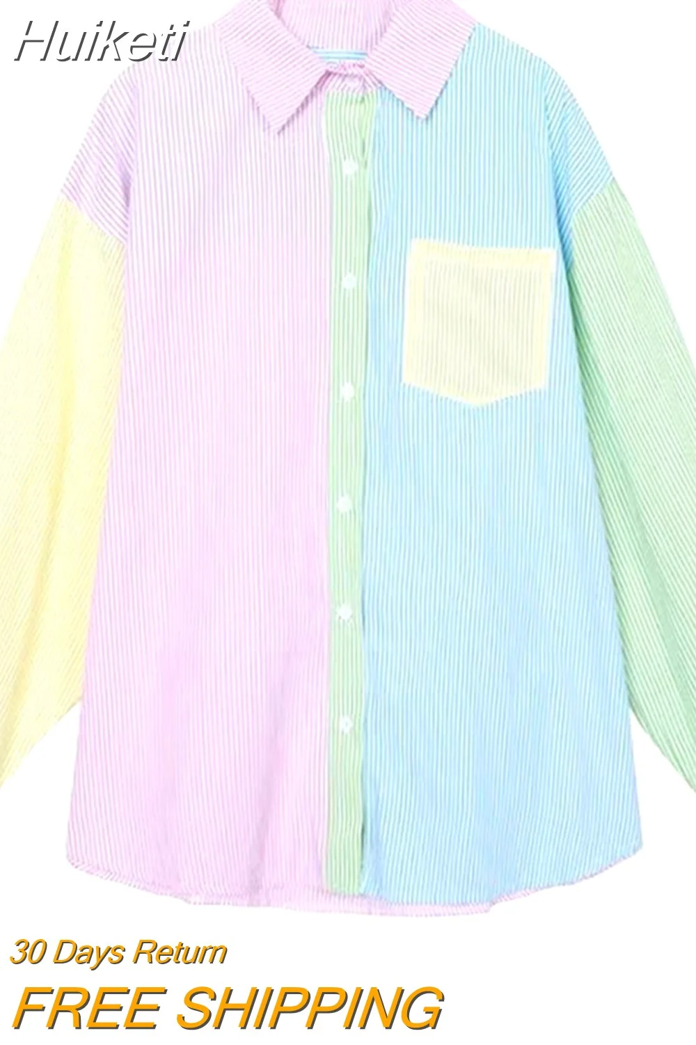Huiketi Fashion Rainbow Striped Women Shirt Long Sleeve Fall Cute Patchwork Button Up Shirts Korean Casual Ladies Tops
