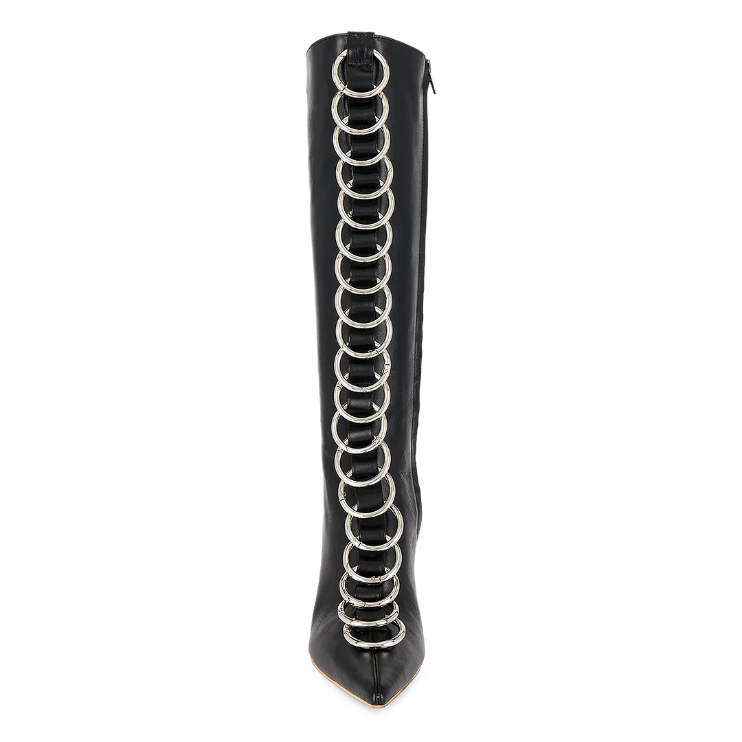 Black Vegan Leather Pointed Toe Silver Ring Knee High Boots for Women