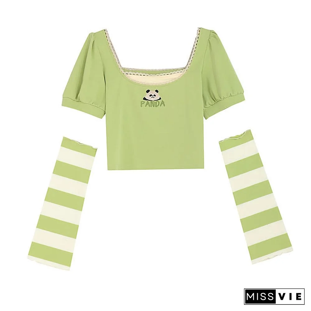 Cartoon Panda Embroidery Square Collar T-Shirt Overalls Shorts