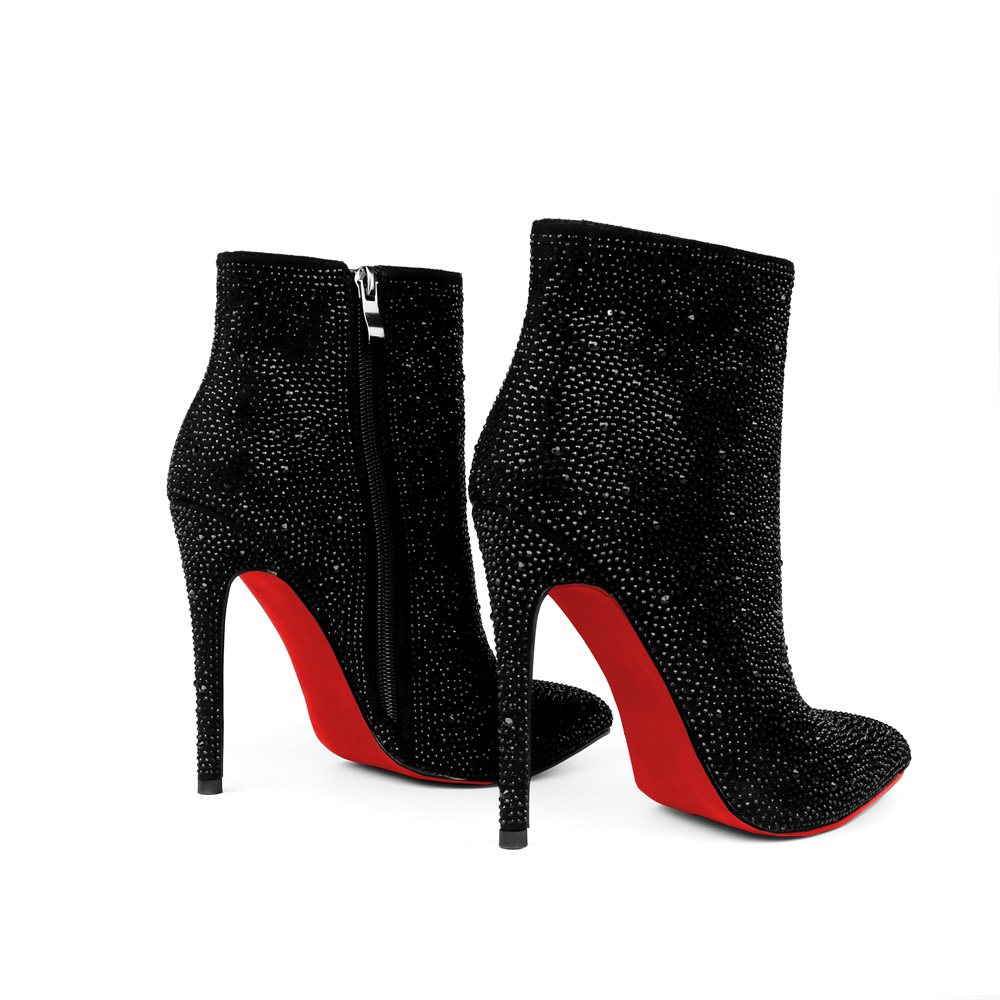 120mm Women's Ankle Boots Red Bottom Shoes With Rhinestone Closed Pointed Toe Stilettos Party Booties-MERUMOTE