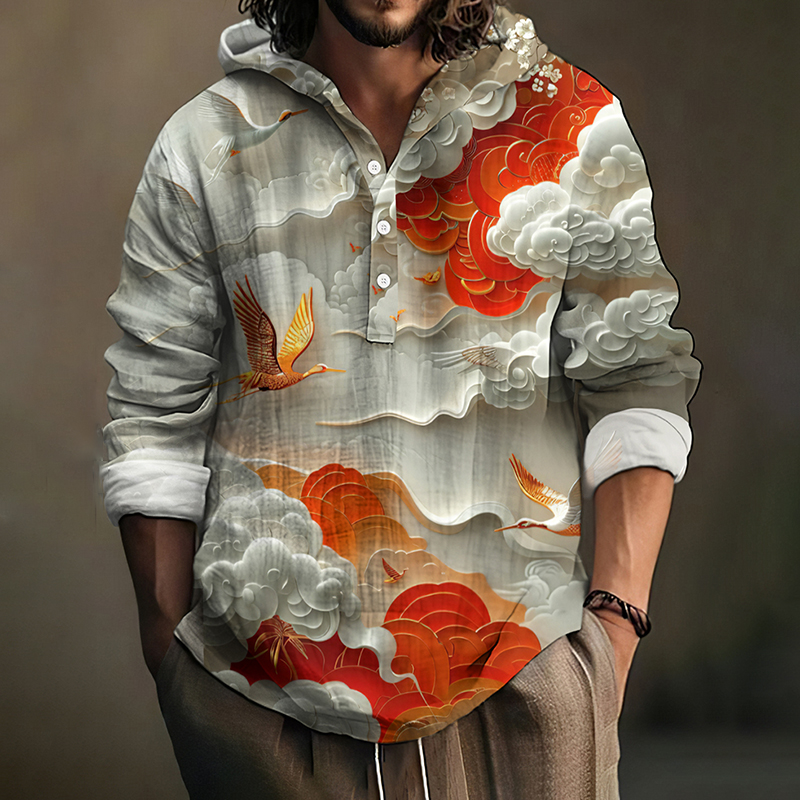 Men's Japanese Art Printed Linen Blend Cozy Shirt Hoodie