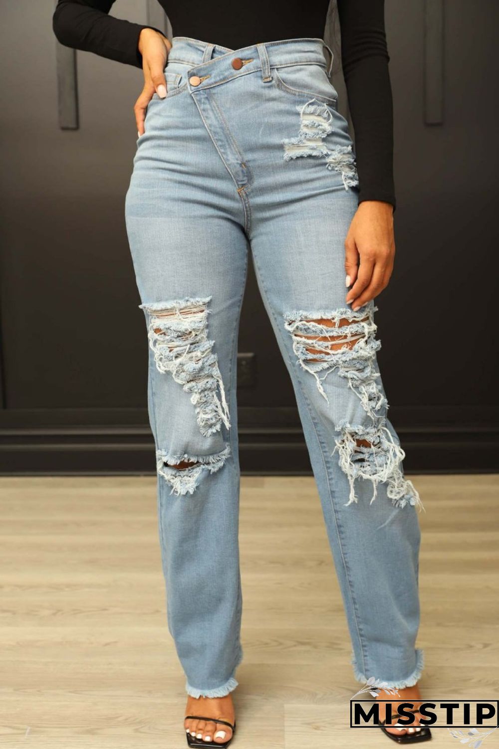 Blue Casual Solid Ripped Patchwork High Waist Regular Denim Jeans