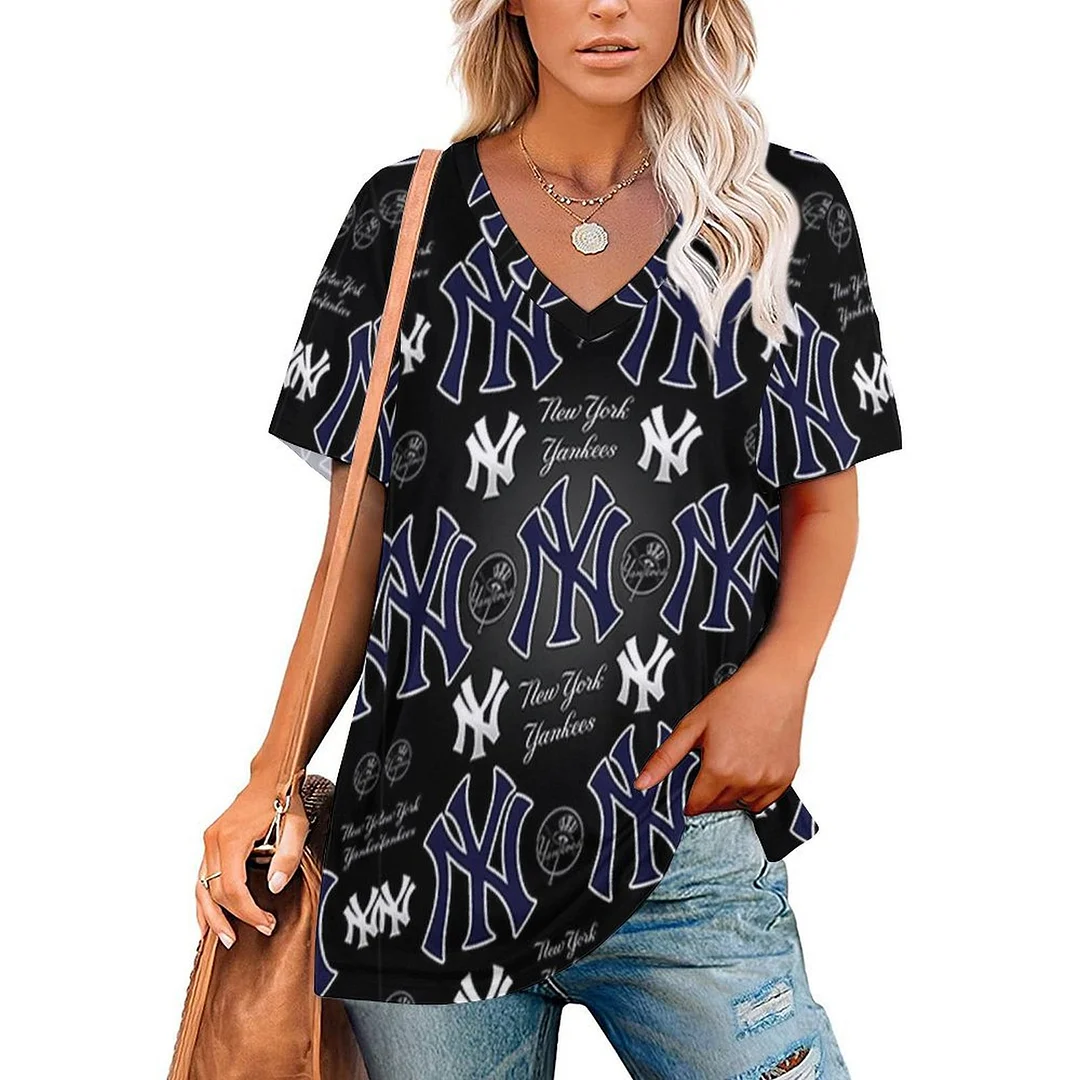 V-neck Short Sleeve Casual T-shirt for  Women Printed with Pattern ,Blue