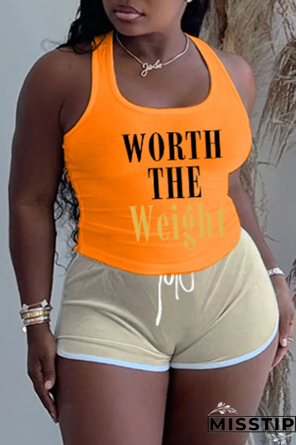 Khaki Casual Letter Patchwork U Neck Plus Size Two Pieces