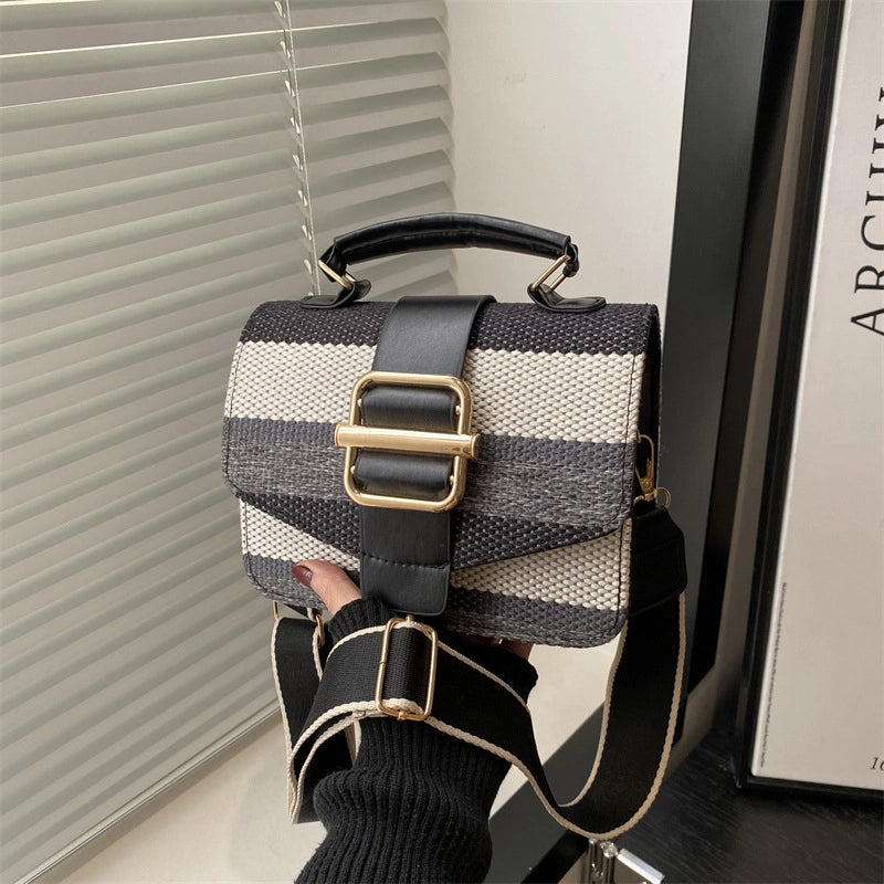 Women’s Pu Leather Stripe Classic Style Sewing Thread Square Magnetic Buckle Flip Cover Crossbody Bag