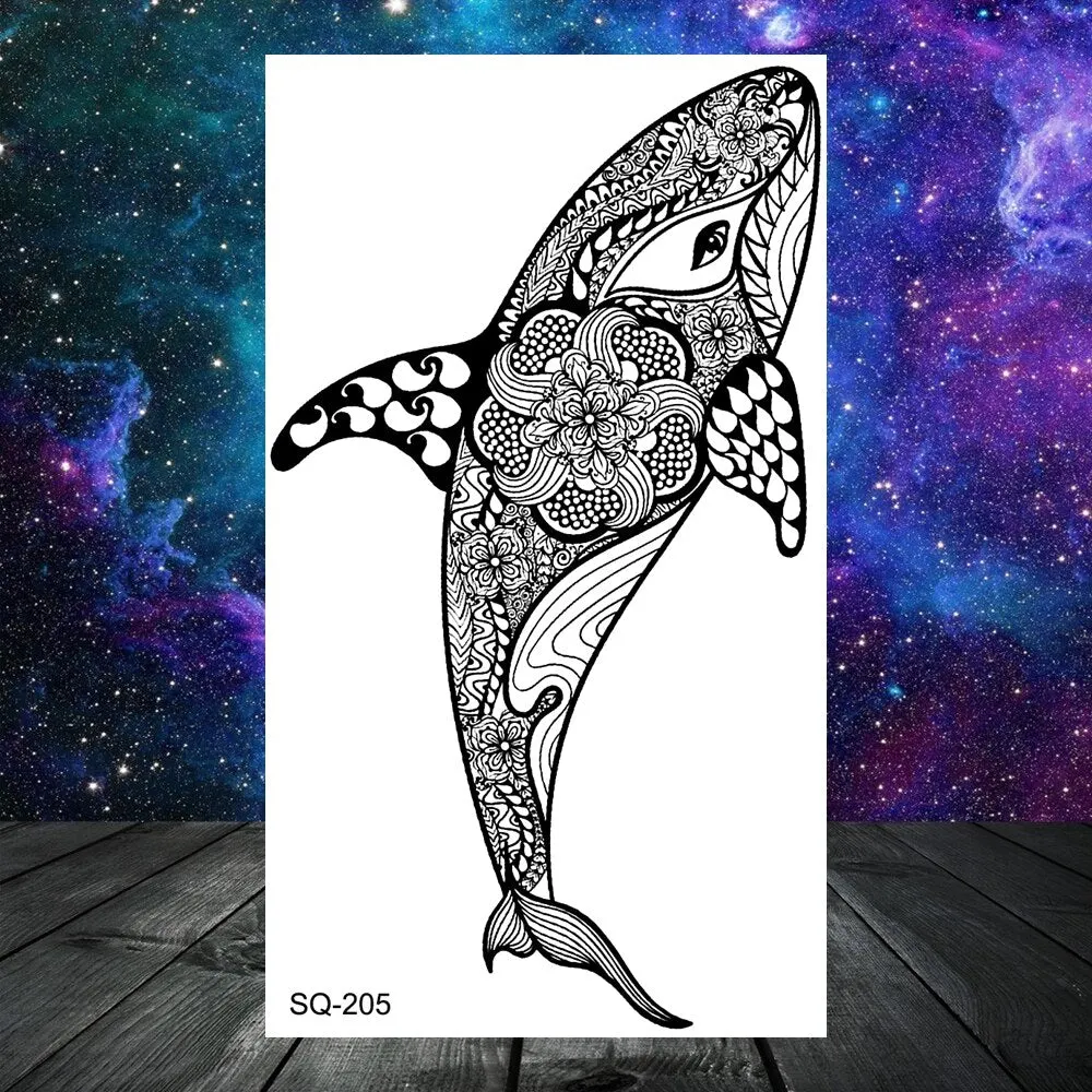 3D Black Whale Mandala Temporary Tattoos For Women Adult Men Rose Flower Mountain Geometry Fake Tattoo Kids Tatoo Paper