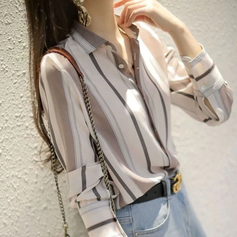 Jangj Stripes Elegant Professional Chiffon Blouse 2022 Summer Fashion Korean Style Shirt Turn Down Collar Long Sleeve Clothing