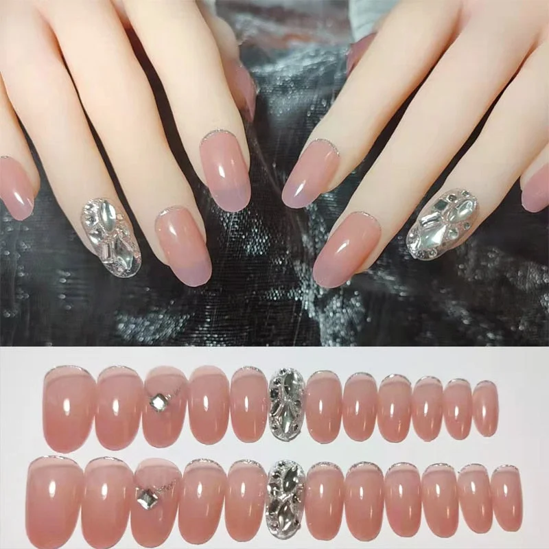 24Pcs/box Full Cover Short round press on nails Pink Dripping Shape Heart Bride nail tips Wearable Fake Nail with Glue for girls-Nail Inspo