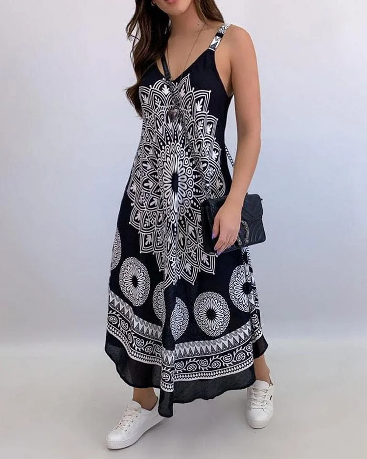 Totem Print V-neck Suspender Dress