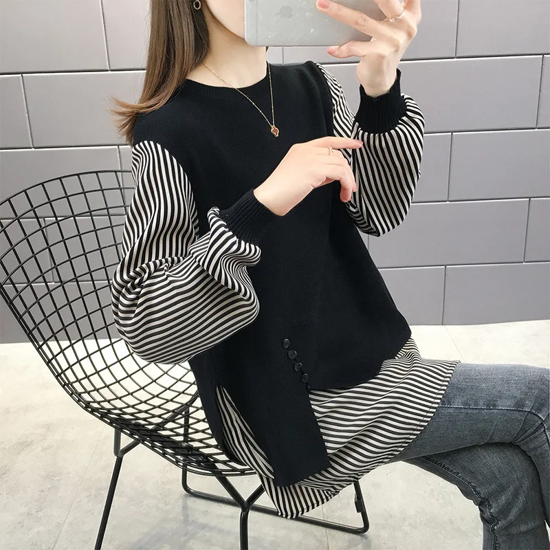 Churchf Churchf Dress 2024 New Loose Coat Sweater Knit Bottom Shirt Jacket Korean Version Fake Two Sets Of Women's Hoodie