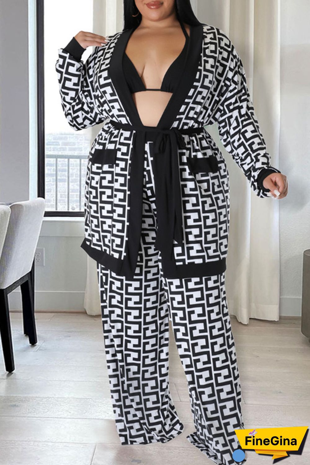 Black White Casual Print Bandage Patchwork Plus Size Two Pieces