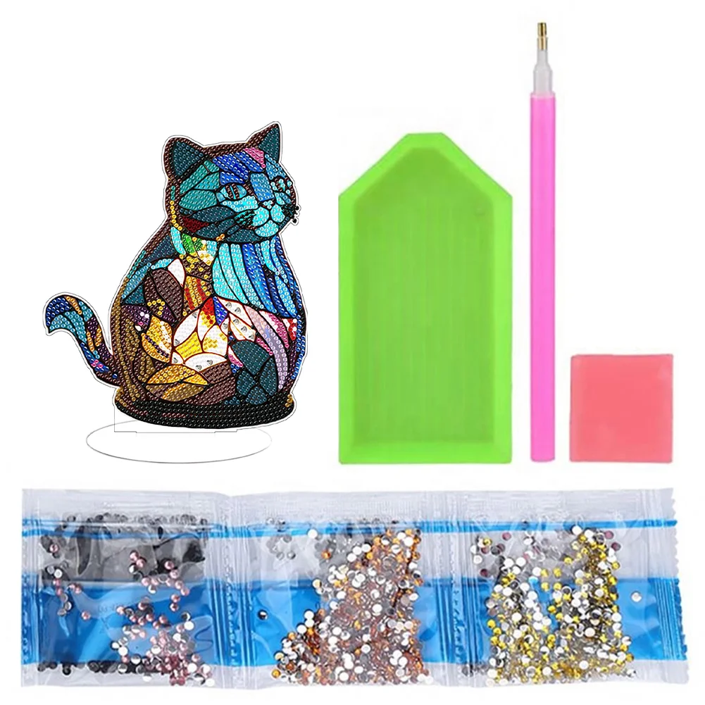 DIY Cat Acrylic Single-Sided Diamond Painting Desktop Decoration with Light for Office Desktop Decor