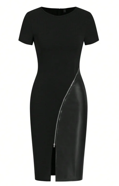 Nigikala Nigikala Zippered Short Sleeve Black PU Thighs Open Tight Dress