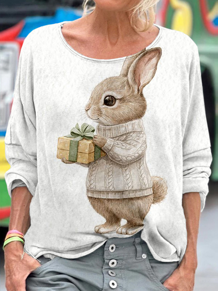 Comstylish Cute Watercolor Rabbit Art Crewneck Cozy T Shirt