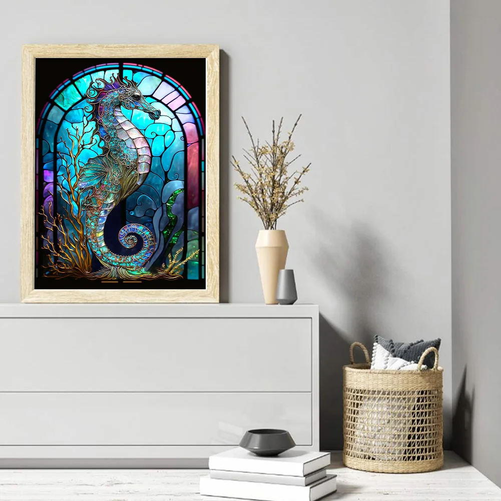 14CT Full Stamped Cross Stitch - Stained Glass Hippocampus(Canvas|50*65CM)
