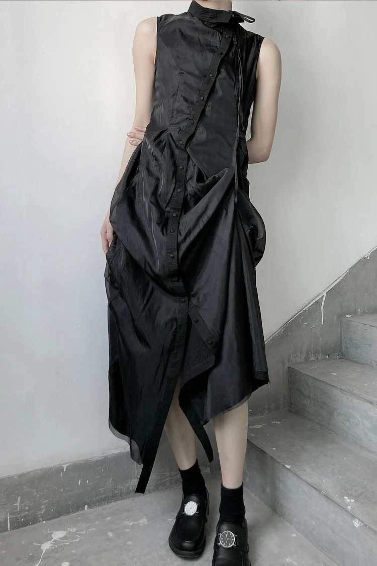 Design Black Irregular-pleated Single-breasted Mesh-stitching Sleeveless Dress