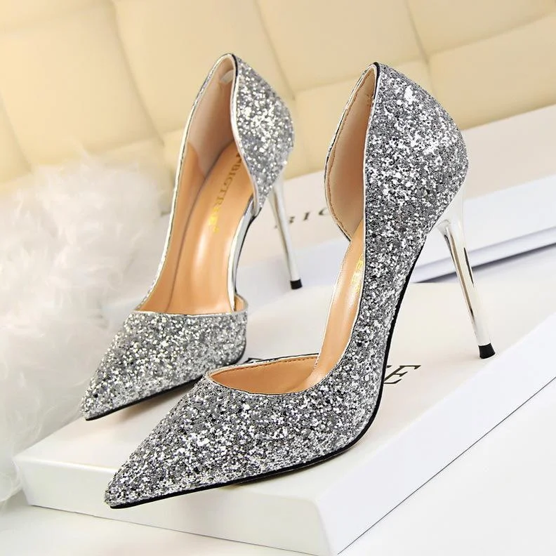 Sexy stiletto high-heeled shallow pointy side hollow sequin single shoes