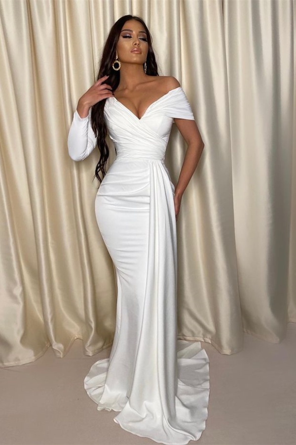 Ovlias White Off-shoulders V-Neck Prom Dress Mermaid Long with Pleated LX0015