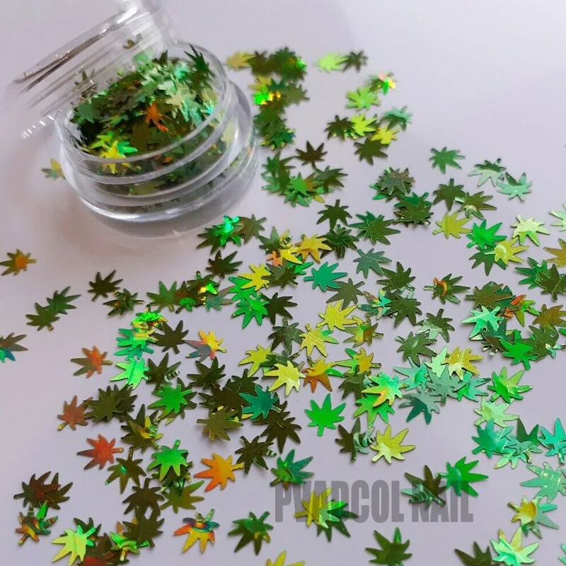 Weed Leaf Glitter Nail Art Holographic Green Marijuana Leaves 3D Shape Salon Manicure Decoration