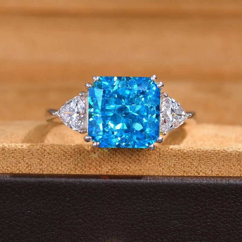 100% 925 Sterling Silver 10*10mm Pink Yellow Aquamarine High Carbon Diamond Rings For Women Sparkling Wedding Fine Jewelry