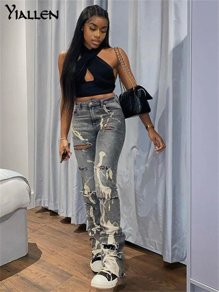 Yiallen Cotton Hole Jeans Trend Y2K Woman Pants Chic Print Stacked Indie Denim Skinny Elastic Slim Casual Streetwear Trousers