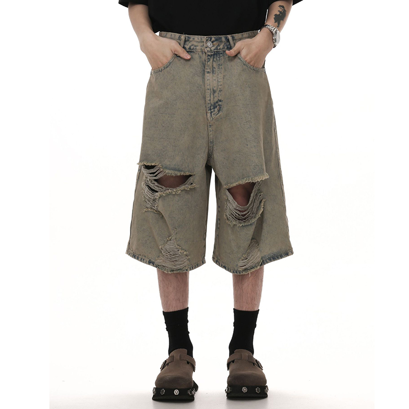 Unisex Trendy High Street Wasteland Ripped Washed Cropped Jeans
