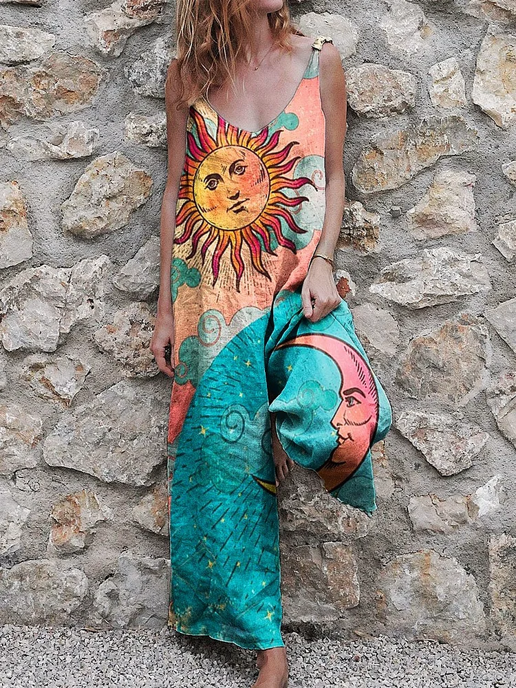Women's Vintage 70s Sun And Moon Print Casual Strap Wide Leg Pants
