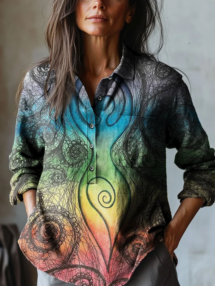 Women's Vintage Colored Body Art Print Casual Cotton And Linen Shirt