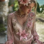 Boho Pink Lily Floral Lace V Neck Linen Tunic - Image 2
