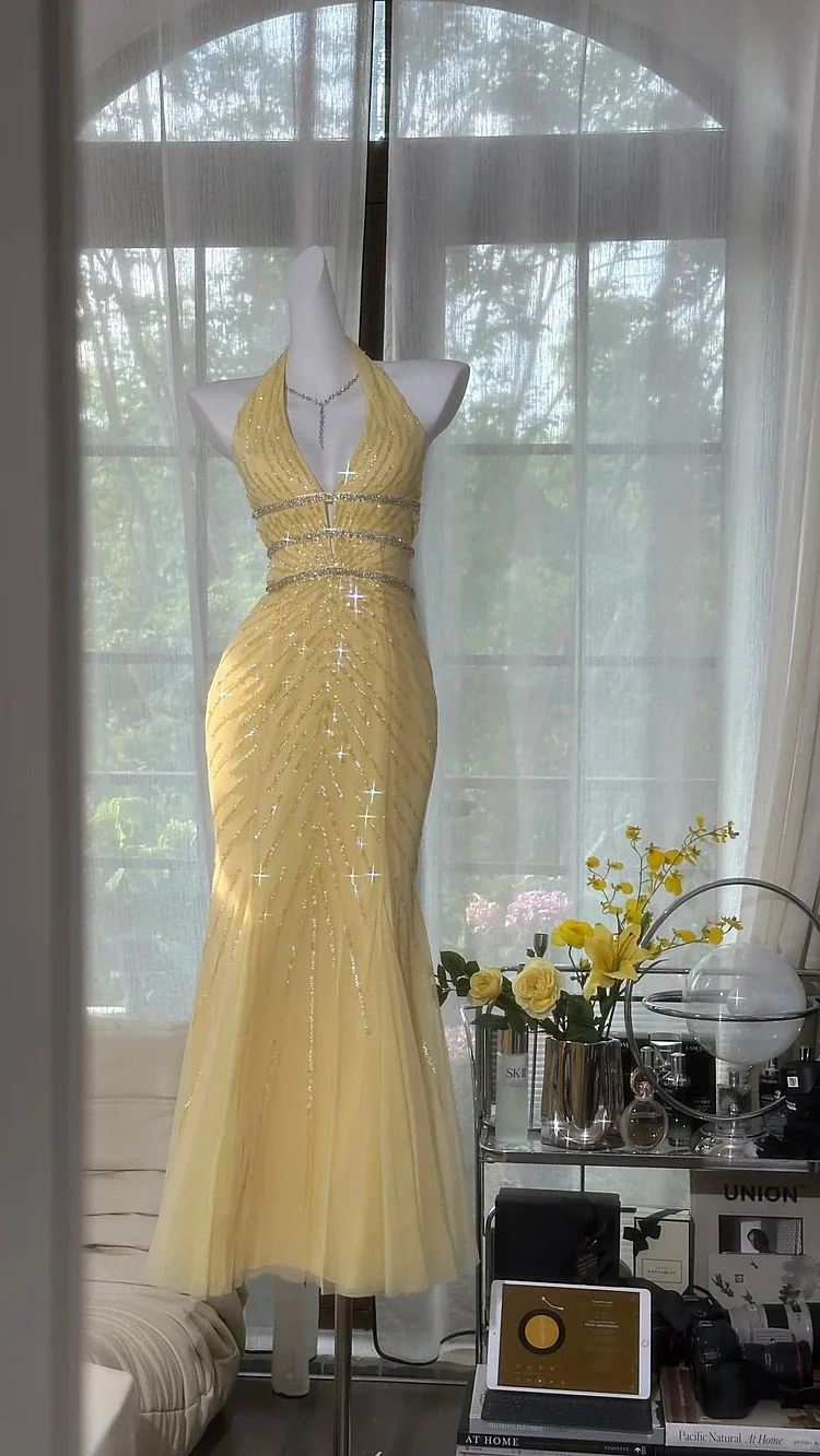 Yellow shiny beaded long chiffon ball gown evening dress party dress