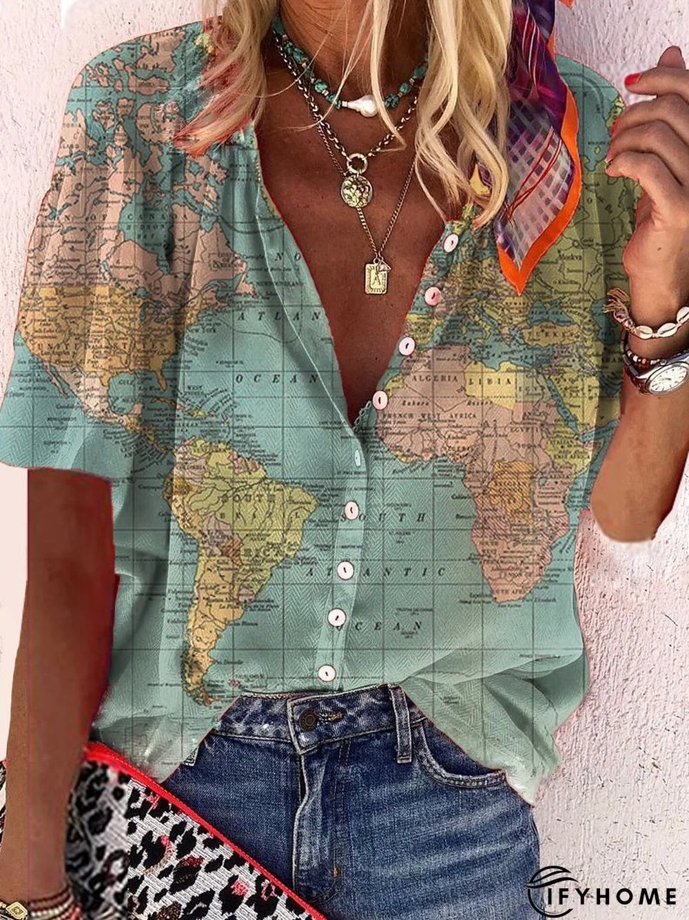 Plus-size printed shirt with map design | IFYHOME