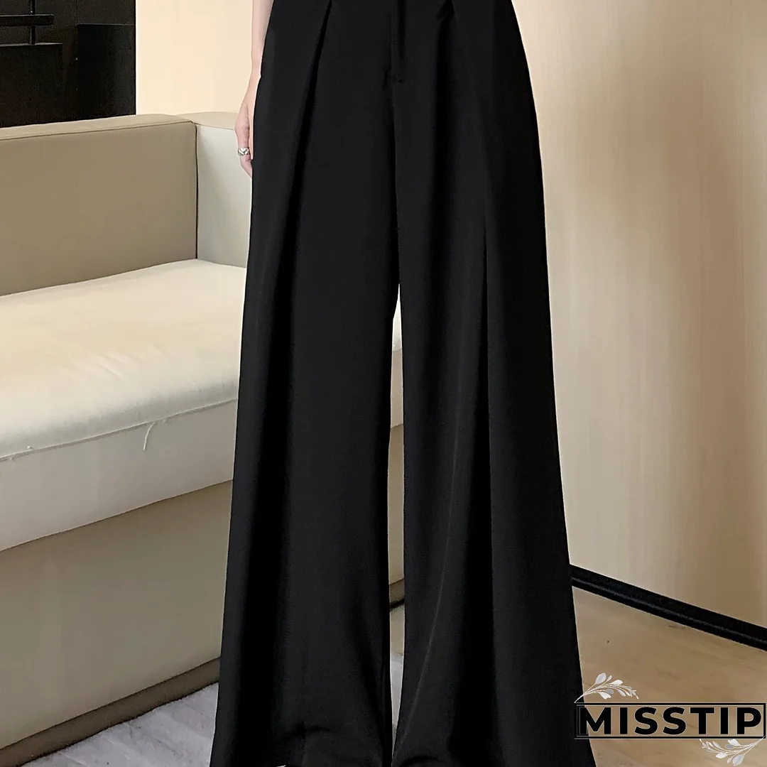 Solid Button Front Wide Leg Pants, Versatile High Waist Pants For Spring & Fall, Women's Clothing