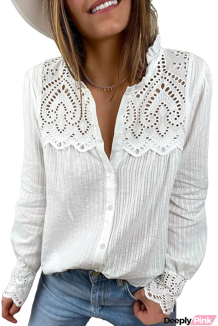 Buttoned Hollow-out Patch Long Sleeve Shirt