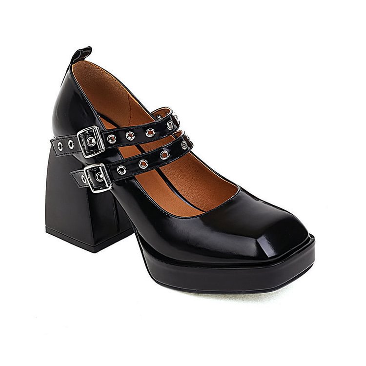 Elegant Solid Color Square Color Buckle Straps Chunky Heel Mary Jane