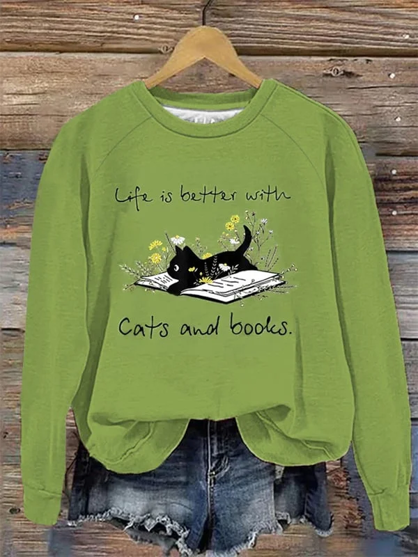Fun Cat Print Casual Crew Neck Sweatshirt