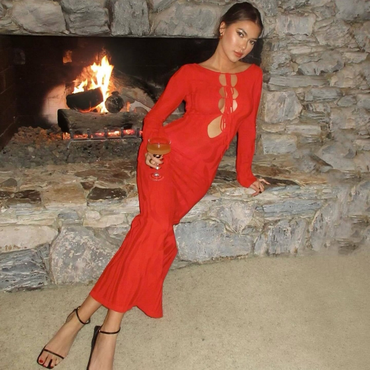 Irregular Asymmetric Bell Sleeve Knitted Dress with Lace Up V Neckline