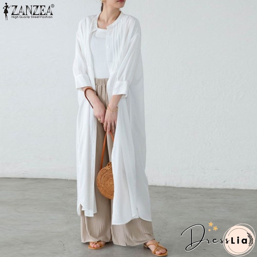 Ladies Spring Casual Kaftan Solid Sleeve Holiday Loose Top Pleated Long Dress Plus Size